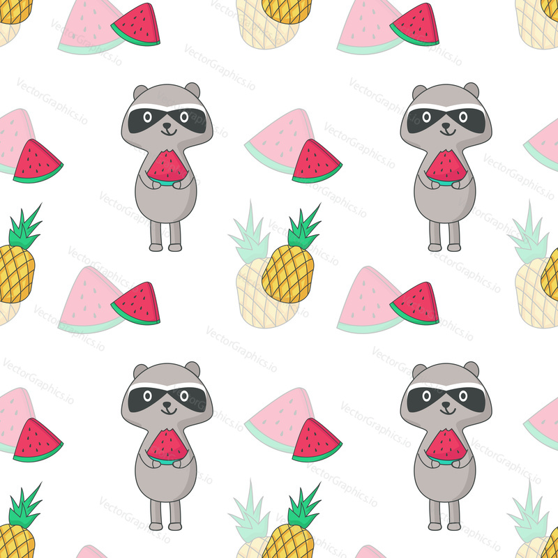 Summer seamless pattern. Vector hand drawn raccoons, pineapples and slices of watermelon.