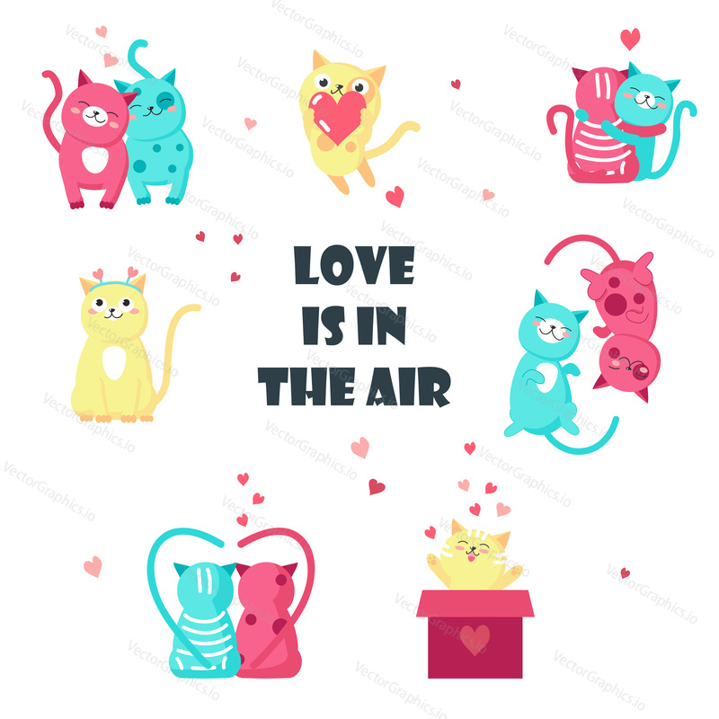 Cute cats in love. Vector illustration isolated on white background. Happy hugging, playing, holding hearts loving kittens for greeting card, invitation, poster, sticker, print.