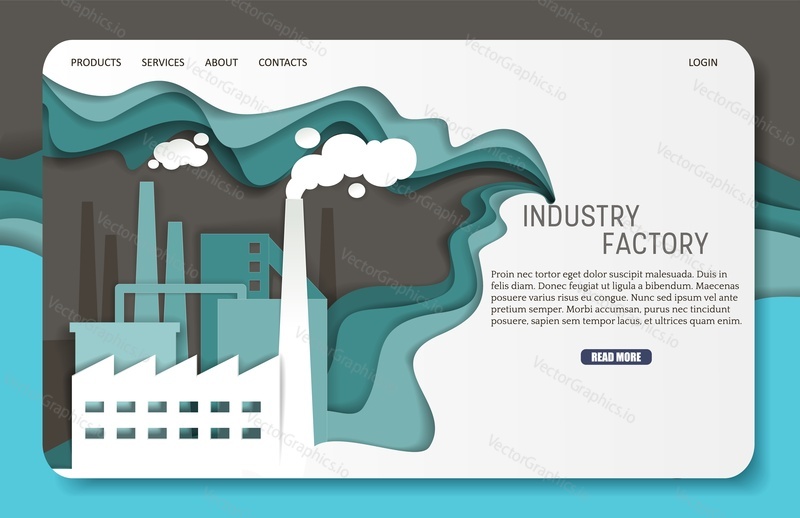 Шаблон веб-сайта целевой страницы промышленного завода. Векторная вырезанная из бумаги иллюстрация здания производственного предприятия с дымовыми трубами.