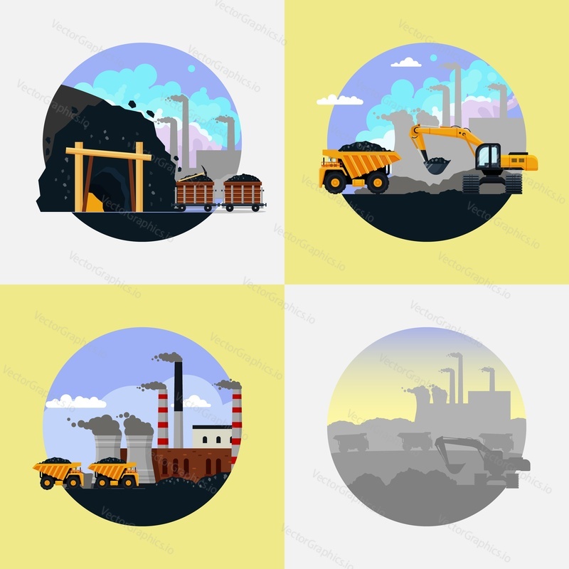 Coal mining set. Vector flat illustration. Mining industry icons with machinery, equipment and industrial plant smoking pipes. Coal extraction and transportation.