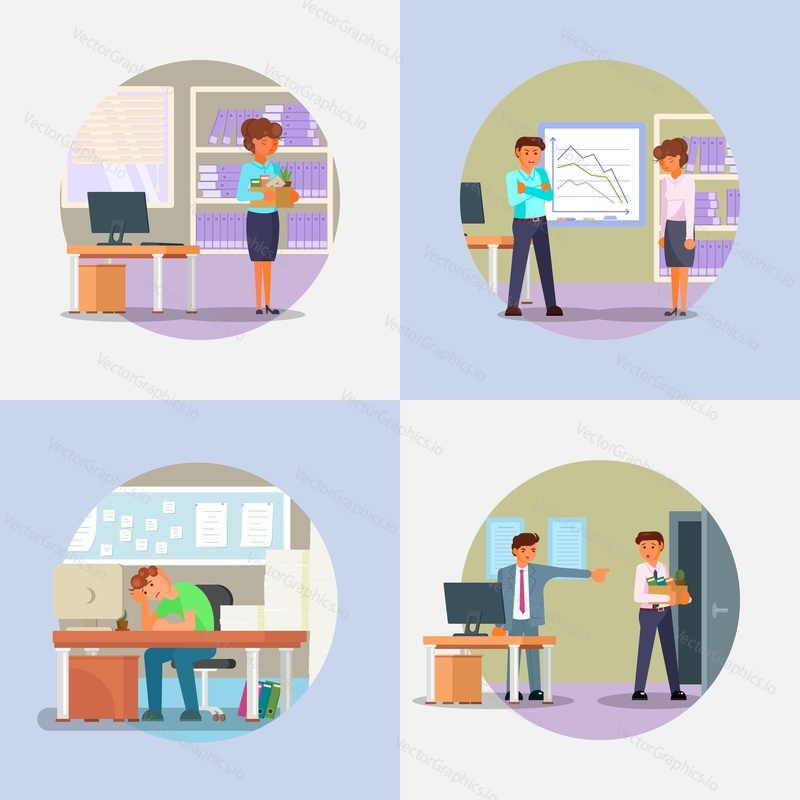 Fired people icon set. Vector flat illustration of sad dismissed former employees because of losing their jobs, employer pointing to the door. Laid-off office workers. Dismissal, unemployment concept.
