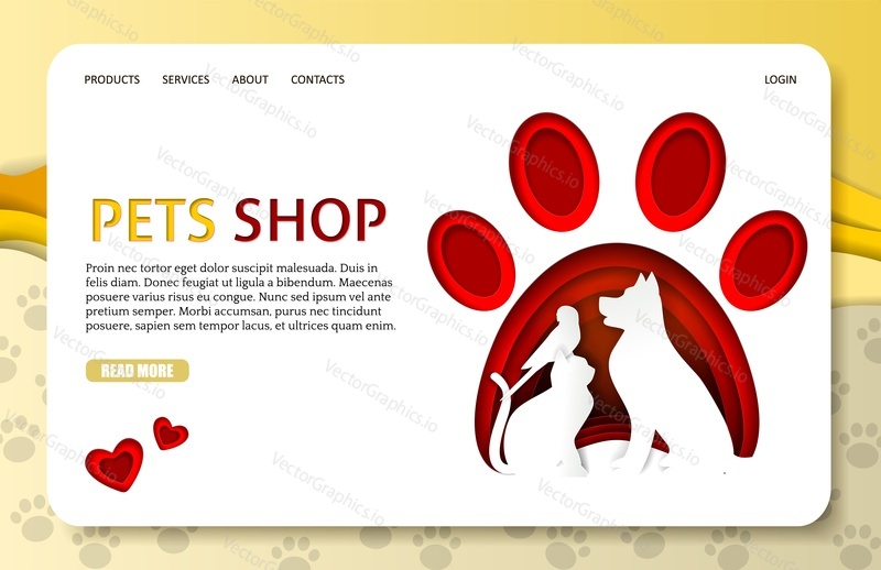 Pets shop landing page website template. Vector paper cut red paw print with dog, cat and parrot silhouettes. Pet online store. Animal shelter, veterinary clinic services.