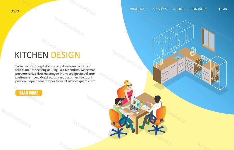 Шаблон веб-сайта целевой страницы дизайна кухни. Векторная изометрическая иллюстрация дизайнера, создающего кухню при размещении 3D-моделей мебели с помощью настольного компьютера. Онлайн-концепция дизайна интерьера.