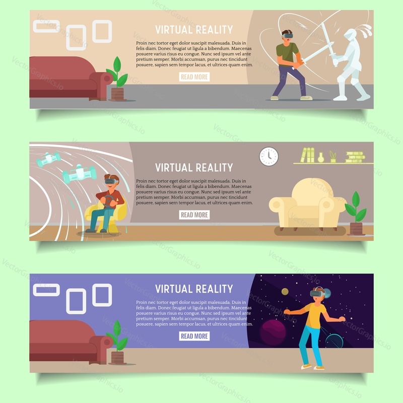 Virtual reality web banner template set vector flat illustration. People in VR headsets playing vr games driving race car fighting with knight flying in outer space. Virtual reality gaming technology.