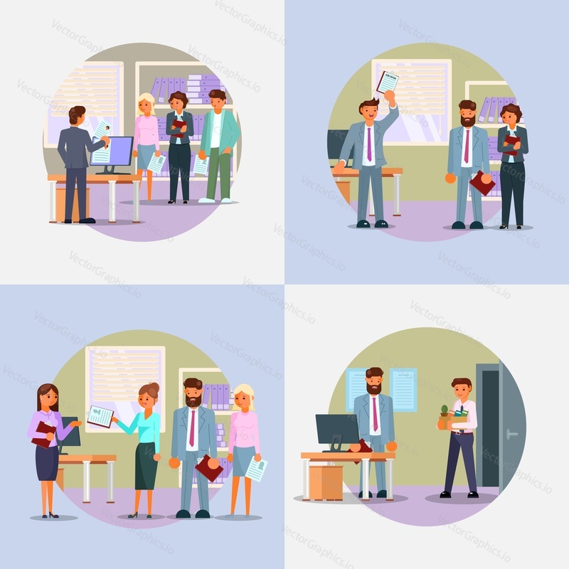 Hiring process icon set. Vector flat illustration. Employer and candidates with cv or resume. Human resources, job offer, recruitment, hr management, job interview concept.