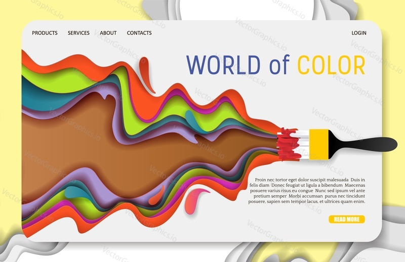 World of color landing page website template. Vector paper cut paintbrush and colored paint brush stroke. Colorful paint layers in paper craft style.