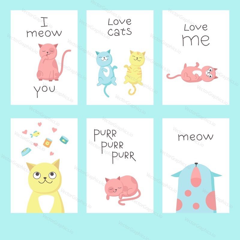 Valentine day greeting cards with happy romantic love cats, lettering calligraphy text. Vector hand drawn illustration.