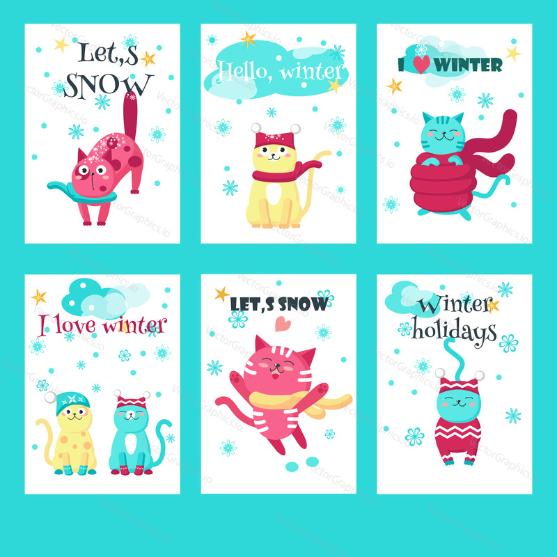 Vector set of winter cards with cute cats and inspirational quotations. Happy kittens in warm knitted hats, scarves and sweaters having fun in winter.