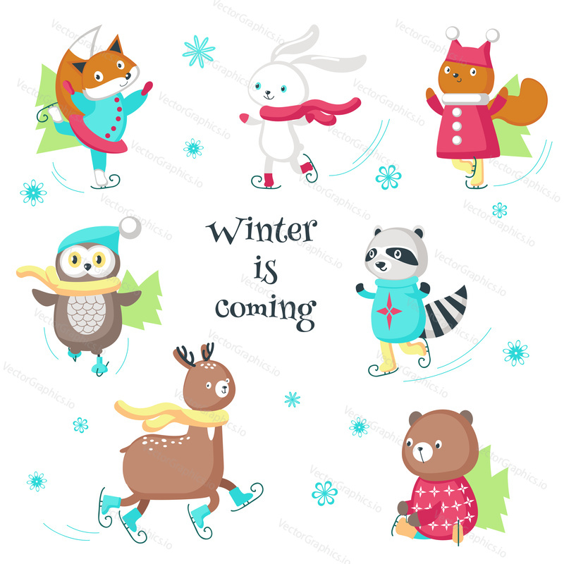 Cute animals in warm hats and scarves enjoying ice skating. Vector illustration isolated on white background. Funny little raccoon fox squirrel bear owl deer and rabbit having fun in winter.