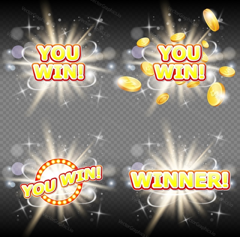 You win and winner congratulation banner set. Vector illustration on transparent background. Win casino signs with glowing lamps, golden dollar coins etc.