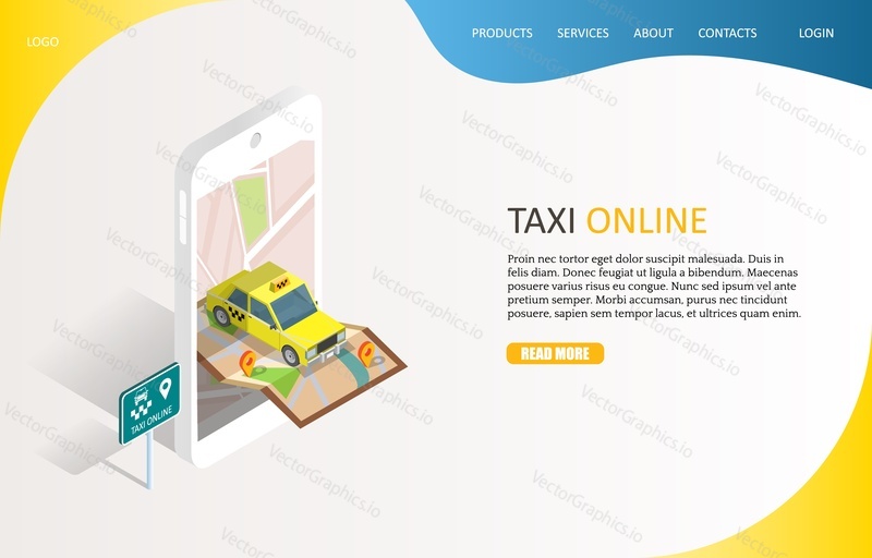 Taxi online landing page website template. Vector isometric smartphone with map, location pin and yellow taxicab. Mobile taxi service app concept.