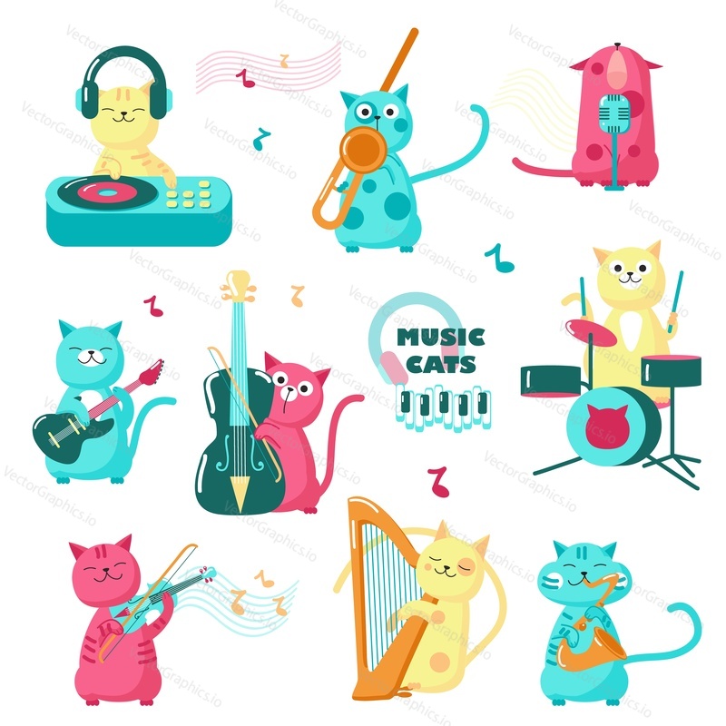 Cute music cats. Vector illustration of funny little characters playing musical instruments, singing, listening to music isolated on white background.