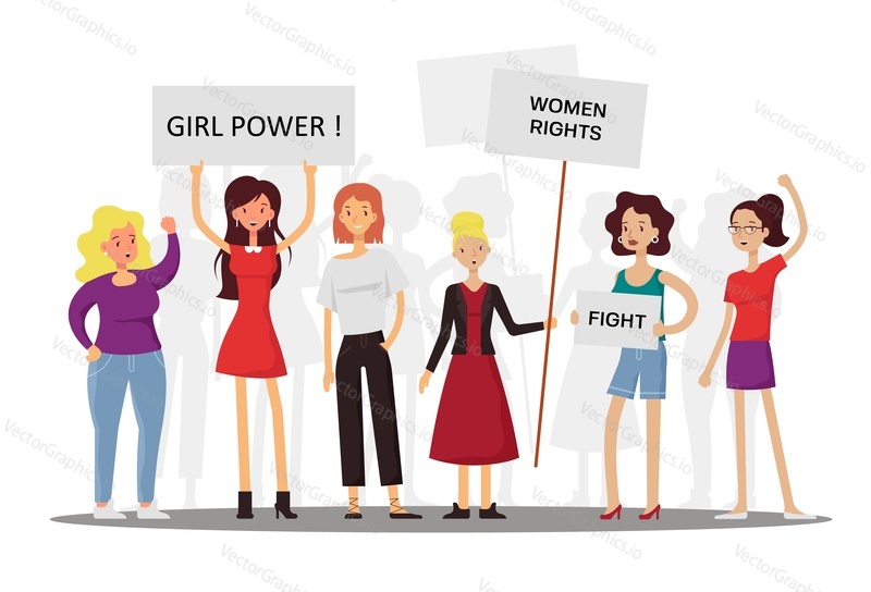 Girl power and feminism concept vector flat illustration. Group of women fighting for women rights while holding signs with motivational phrases and feminist quotes.