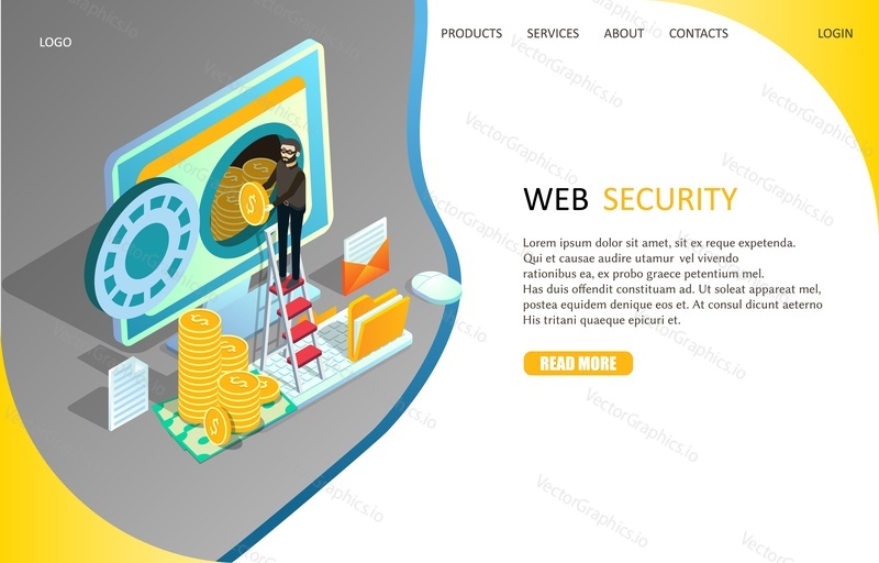 Шаблон веб-сайта целевой страницы веб-безопасности. Векторная изометрическая иллюстрация кибер-вора-хакера, крадущего деньги с компьютера. Интернет-безопасность, концепция защиты данных.