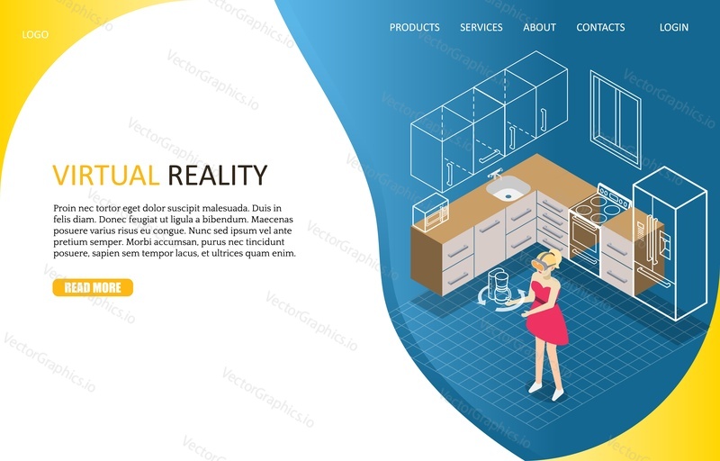 Шаблон веб-сайта целевой страницы виртуальной реальности. Векторная изометрическая иллюстрация девушки в виртуальной гарнитуре или очках, которые имитируют ее физическое присутствие на виртуальной кухне с мебелью и бытовой техникой.