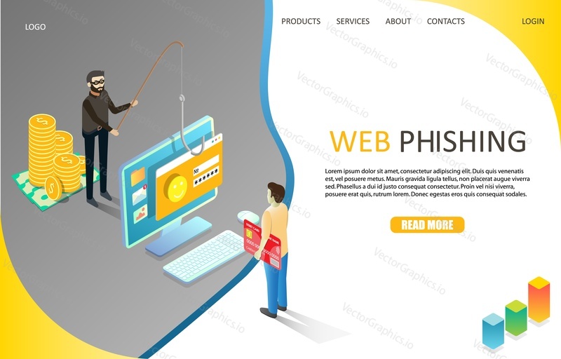 Web phishing landing page website template. Vector isometric illustration of fraudster fishing user private confidential account information. Malware cyber hacker attack, internet phishing concept.