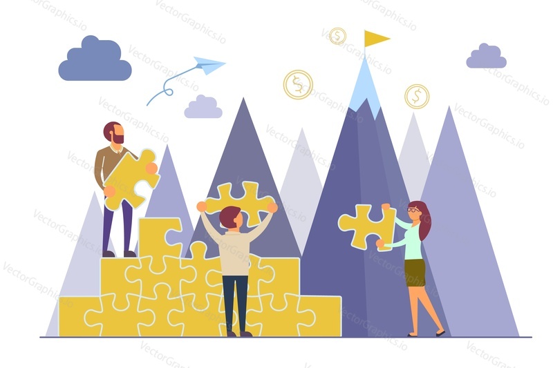 Teamwork concept vector flat illustration. Group of people building jigsaw puzzle podium together to achieve common goal. Cooperation and collaboration concept.