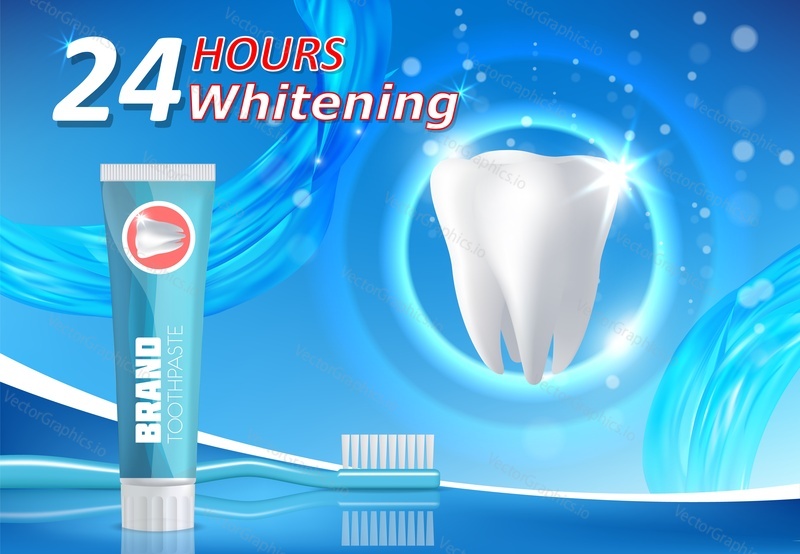 Whitening toothpaste ad. Teeth whitening vector poster banner template with toothpaste branded tube, toothbrush and white bright tooth. Dental health and hygiene concept