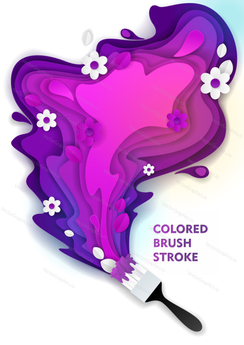 Paintbrush and colored paint brush stroke. Vector paper cut illustration. Pink, purple, violet color paint layers.