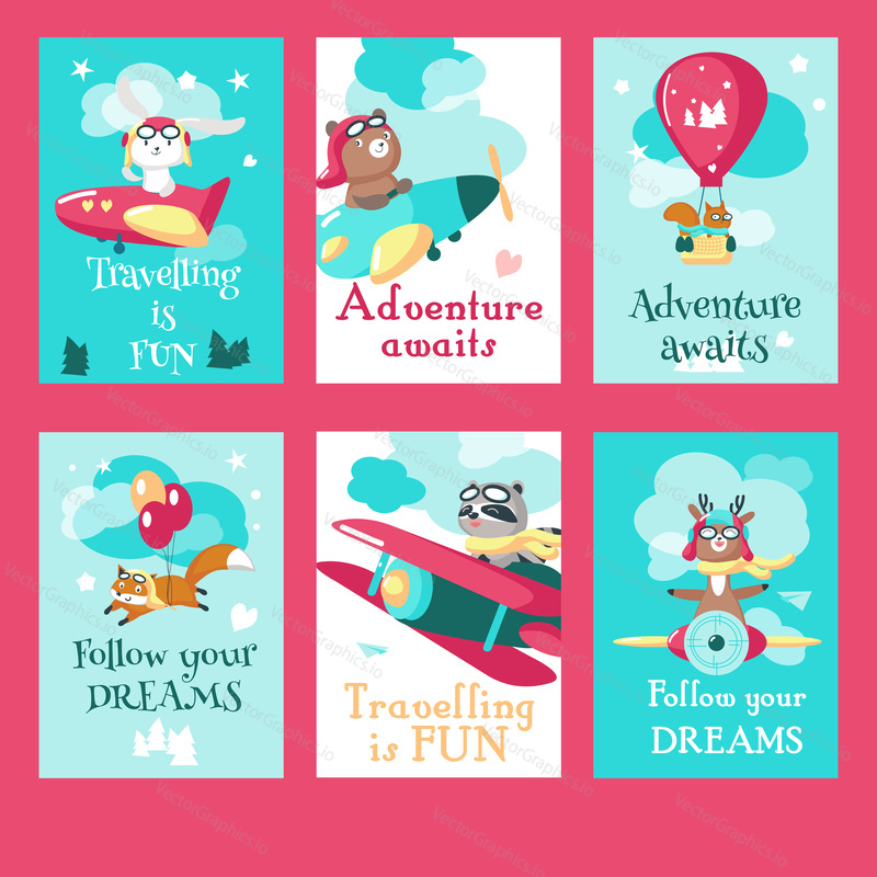 Vector set of cards with pilot animals and inspirational quotations about traveling. Cute raccoon fox squirrel bear deer and rabbit flying on airplane, hot air balloon, biplane and balloons.