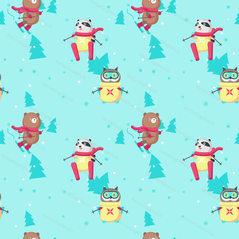 Vector seamless pattern with cute animals bear, raccoon and owl enjoying skiing. Winter background, wallpaper, fabric, wrapping paper.