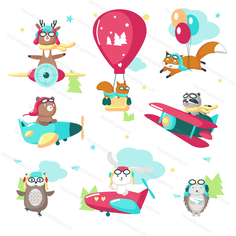 Cute animals in pilot hats and glasses. Vector illustration of raccoon fox squirrel bear deer hedgehog owl rabbit flying on airplane, hot air balloon, biplane, balloons isolated on white background.
