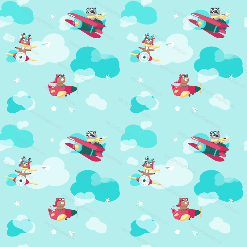 Vector seamless pattern with cute little bear, deer and raccon flying on airplane and biplane. Funny pilot animals background, wallpaper, fabric, wrapping paper.