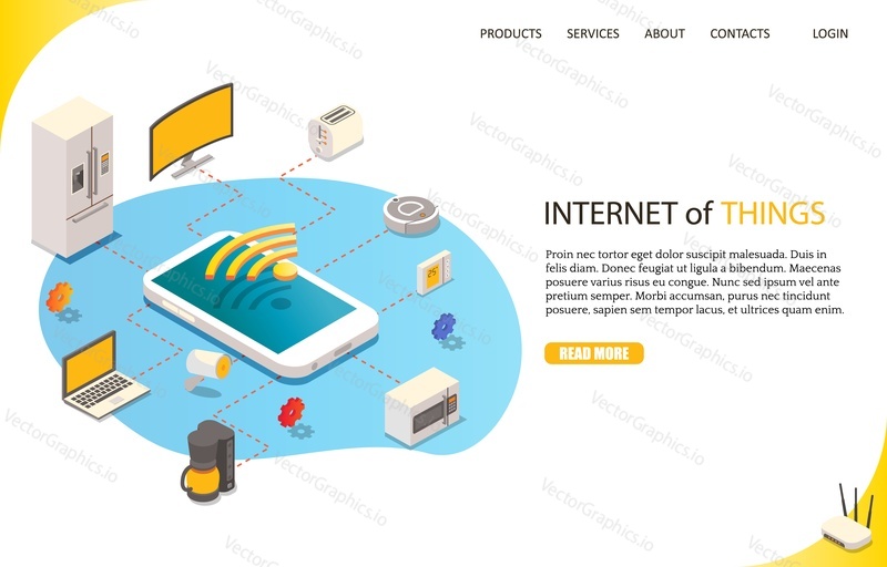 Internet of things landing page website template. Vector isometric smart household appliances and other devices controlled by smartphone. Smart home wireless technology, home automation or Iot concept