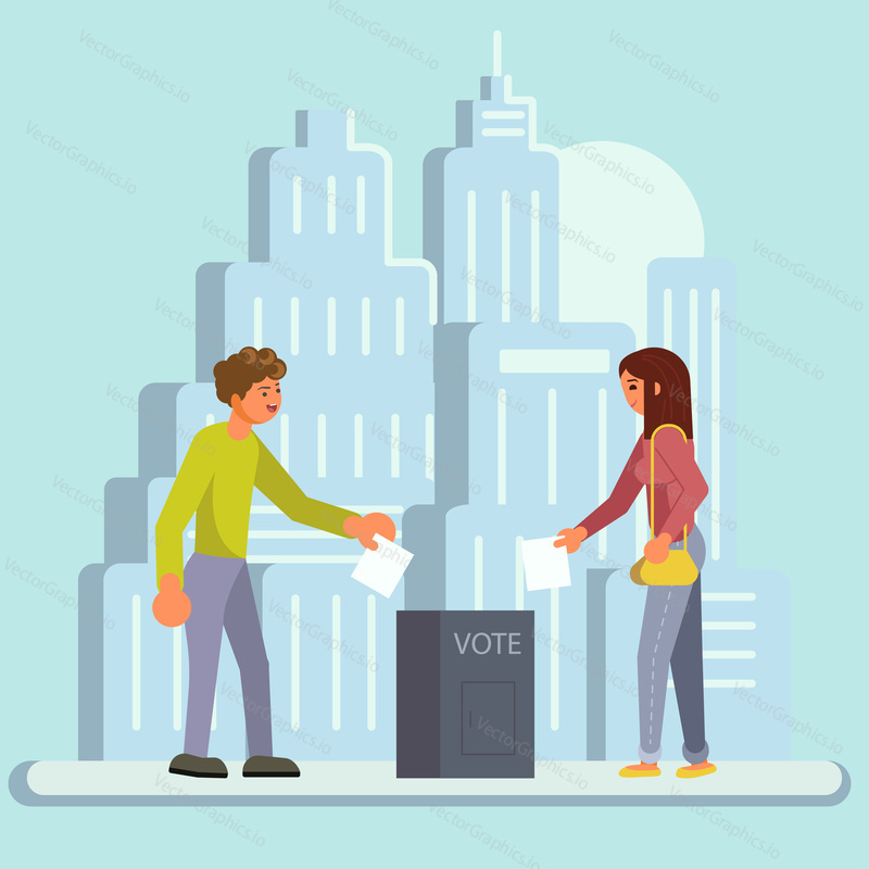 Voting and election concept vector flat illustration. Polling day. Voters male and female casting their ballots into ballot box in polling station.