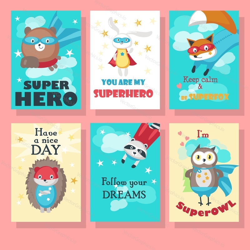 Векторный набор открыток с милыми животными-супергероями и вдохновляющими цитатами. Забавный маленький енот, лиса, медведь, ежик, сова и кролик в костюмах супер героев.