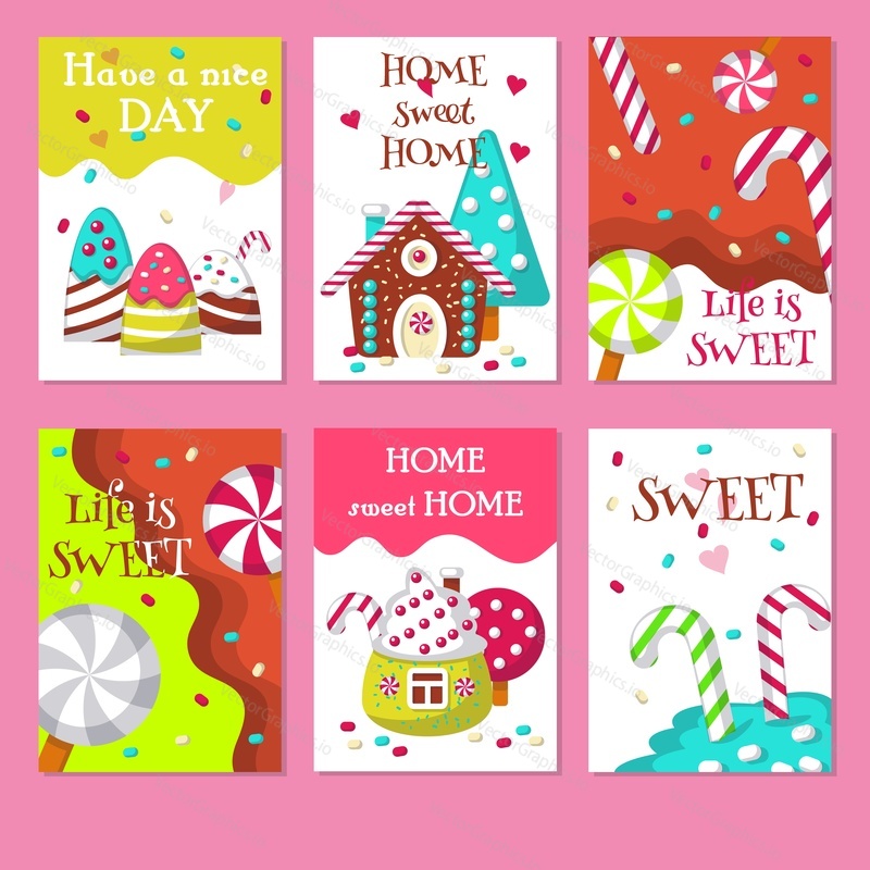 Vector set of cards with sweet candies and inspirational quotations about life and home. Sweets, lollipops, candy canes, sweet houses.