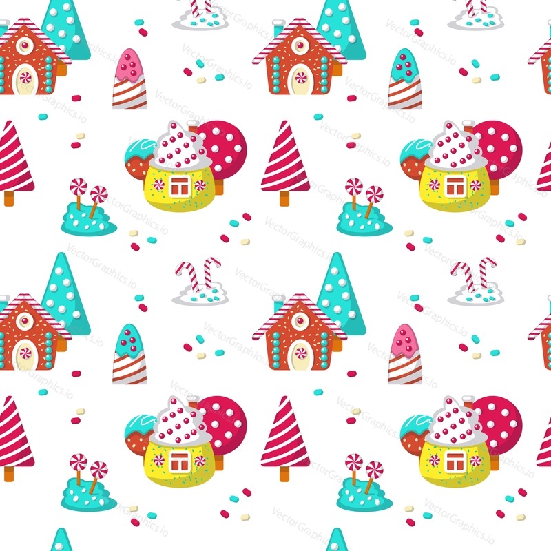 Vector seamless pattern with sweets, lollipops, candy canes and sweet houses. Sweet candy background, wallpaper, fabric, wrapping paper.