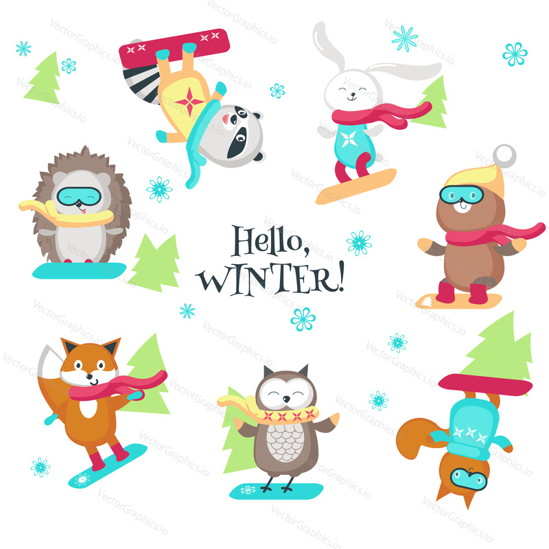 Cute animals enjoying snowboarding. Vector illustration isolated on white background. Funny little raccoon fox squirrel bear owl hedgehog and rabbit having fun in winter.