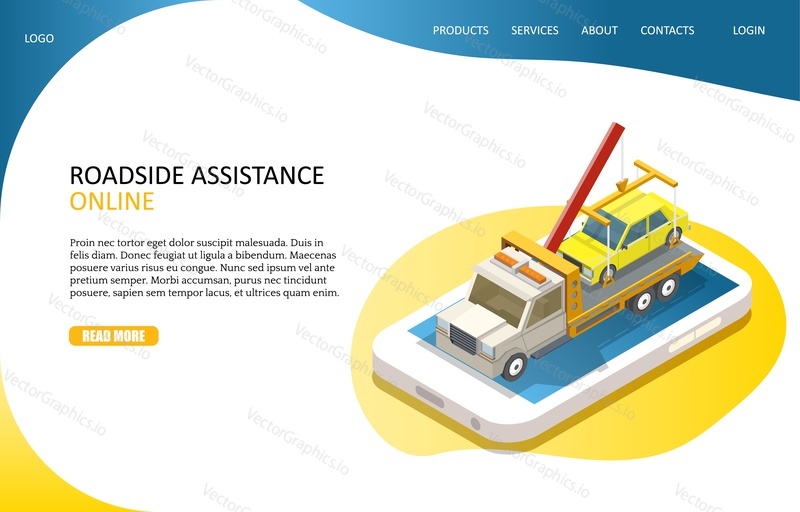 Online roadside assistance landing page website template. Vector isometric smartphone with yellow car on tow truck evacuator. Car towing service mobile app.