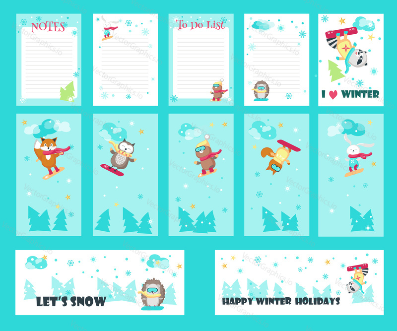 Векторный набор открыток, листов блокнота с милыми животными-сноубордистами и зимними цитатами. Забавный маленький енот, лиса, белка, медведь, ежик, сова и кролик веселятся зимой.
