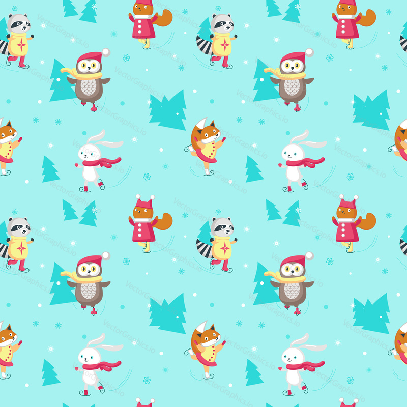 Vector seamless pattern with cute animals squirrel, fox, raccoon, bunny and owl enjoying ice skating. Winter background, wallpaper, fabric, wrapping paper.