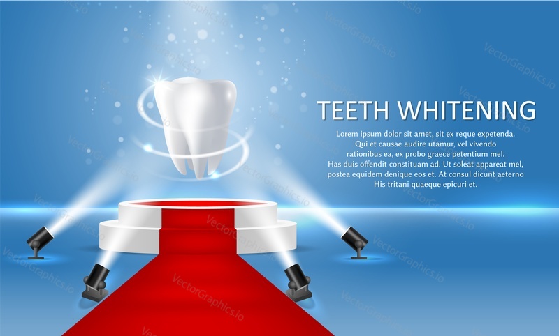 Brilliant white tooth on round podium with red carpet illuminated by floor spotlights. Vector realistic illustration. Teeth whitening poster banner template.
