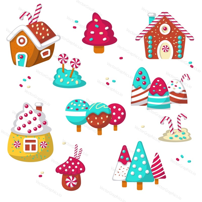 Sweet candy icon set. Vector illustration isolated on white background. Sweets, lollipops, candy canes, sweet houses.