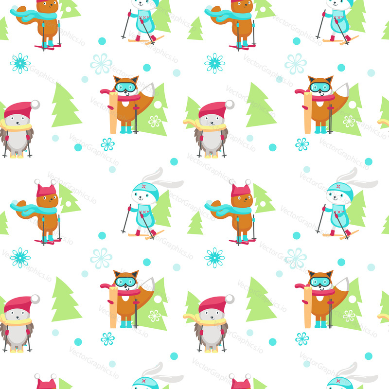 Vector seamless pattern with cute animals hedgehog, squirrel, fox and bunny enjoying skiing. Winter background, wallpaper, fabric, wrapping paper.