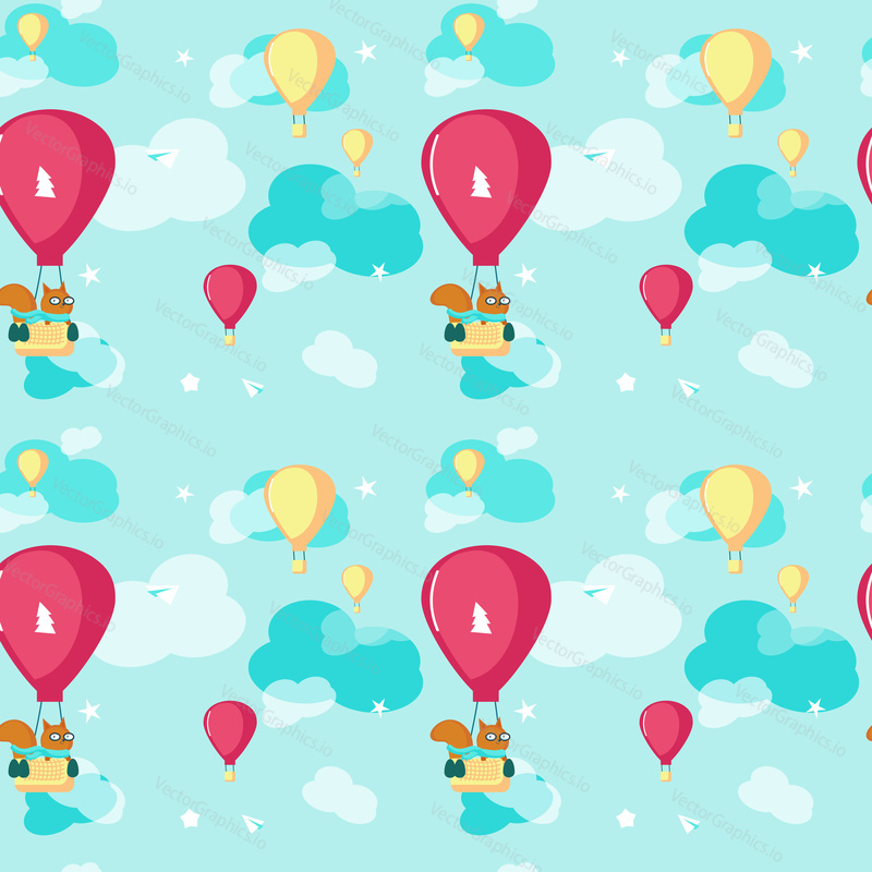 Vector seamless pattern with cute little squirrel flying on hot air balloon. Funny pilot animal background, wallpaper, fabric, wrapping paper.