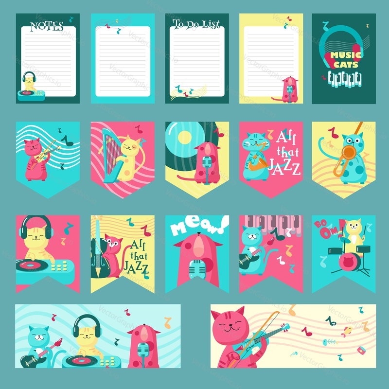 Vector set of cards, party flags, notepad sheets with cute cats and inspirational quotations about music. Funny kittens playing musical instruments, listening to music and singing.