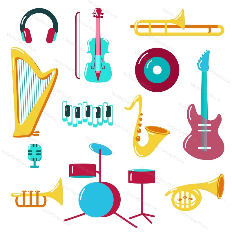 Music icon set. Vector illustration of musical instruments and music accessories isolated on white background. Violin trombone, harp, sax, guitar, trumpet, tuba, drum kit, headphones, vinyl record etc