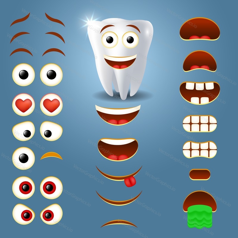 Tooth emoji maker, smiley creator. Vector set of emoticon body parts for your own creation of cool emoji with different facial expressions.