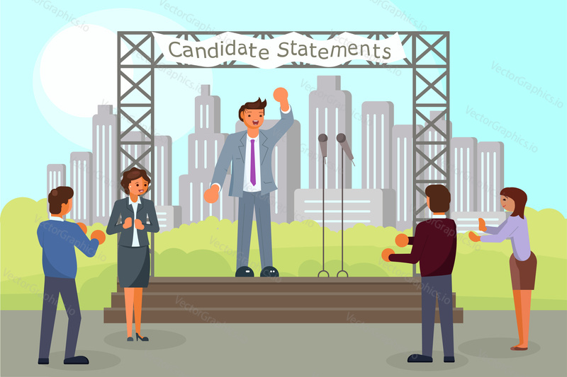 Pre-election campaign concept vector flat illustration. Political candidate making his election statements, giving his pledges to voters from outdoor scene. Public statement, election speech, meeting.