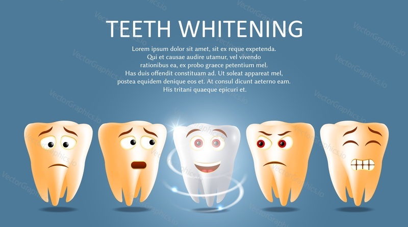 Teeth whitening vector poster banner template. Funny cartoon teeth before and after whitening. One brilliant white clean tooth among yellow dirty teeth. Dental health and care concept.