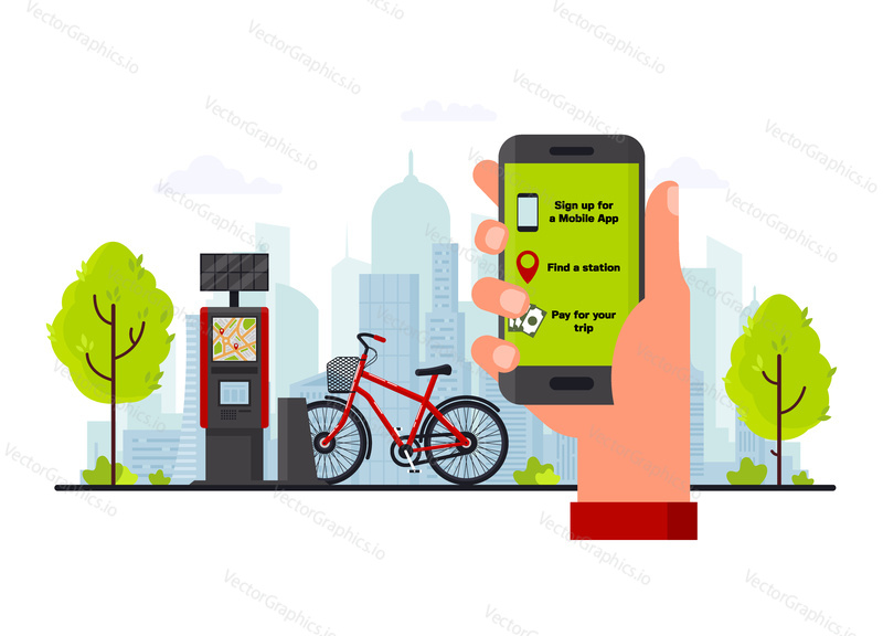 Bike rental service concept vector flat illustration. Human hand holding smartphone with bike rental app, bicycle for rent at docking station and payment terminal on city street.