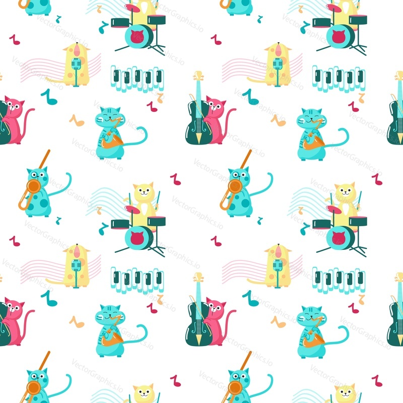Vector seamless pattern with cute little cats playing musical instruments and singing. Funny music cats background, wallpaper, fabric, wrapping paper.