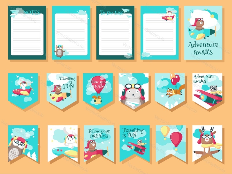 Vector set of cards, flags, notepad sheets with pilot animals and inspirational travel quotes. Cute raccoon fox squirrel bear deer and rabbit owl hedgehog flying on airplane, hot air balloon, balloons