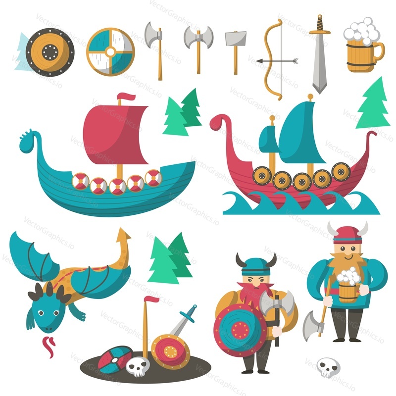 Vikings with armor, beer, flying dragon and longships. Vector flat illustration isolated on white background. Scandinavian warriors and seafarers cartoon characters of viking age.