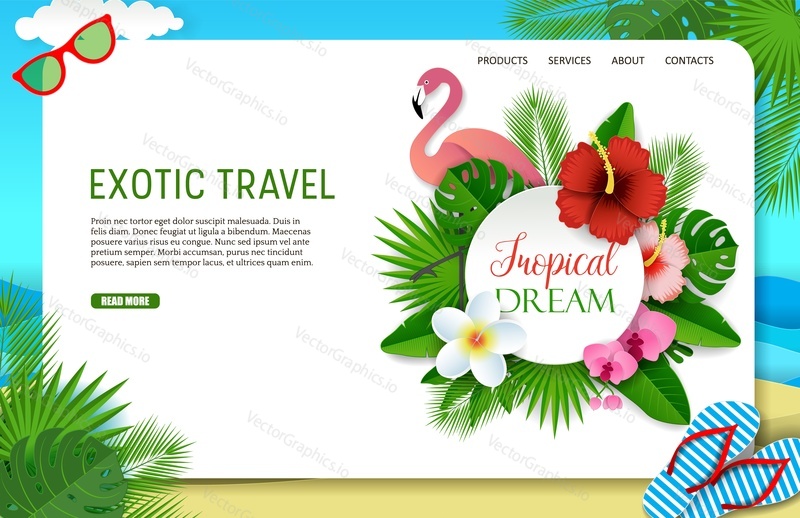Exotic travel landing page website template. Vector paper cut tropical dream round frame with tropical flowers, palm leaves and pink flamingo.
